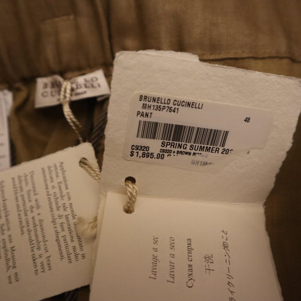 Brunello Cucinelli Linen Pants Tan Elastic Waist Pull On Relaxed Size 12 New Tag - Picture 6 of 9
